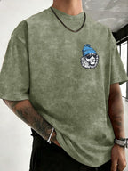 Men's Heavyweight Washed Distressed Loose-Fit Short-Sleeve T-Shirt with Reversible Print, Available in 12 Colors for Mix & Match, National Trend Y2K Style for Daily Commuting, Sports, Fitness, Couples, Streetwear, and Outings - Olive Green