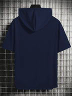 Solid Color Men's Hoodie T-Shirt, Novelty Casual Short-Sleeve Hooded Tee, Loose Fit Hooded Short-Sleeve Top, Versatile Men's Casual Knitwear, Summer Outdoor Casual Short-Sleeve Black, Vintage Fashion Trendy Apparel, Spring-Summer Vacation Outdoor - Navy Color
