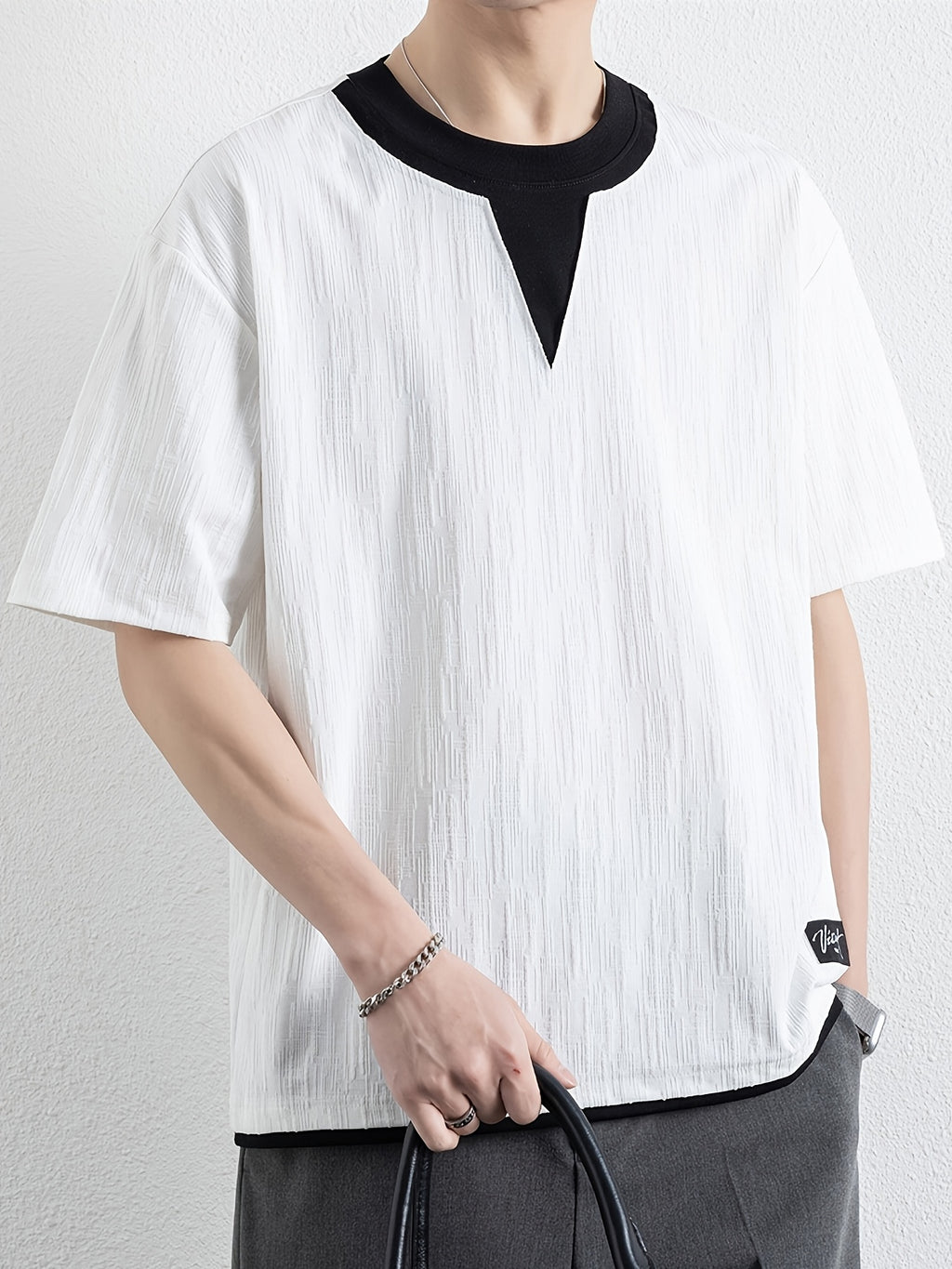 American Faux Two-Piece V-Neck Short Sleeve T-Shirt for Men, Spring Summer All-Match Trendy Couple Wear Loose Casual Short Sleeve Inner Layer, Casual Round Neck with Appropriate Neckline for Inner And Outer Wear - White