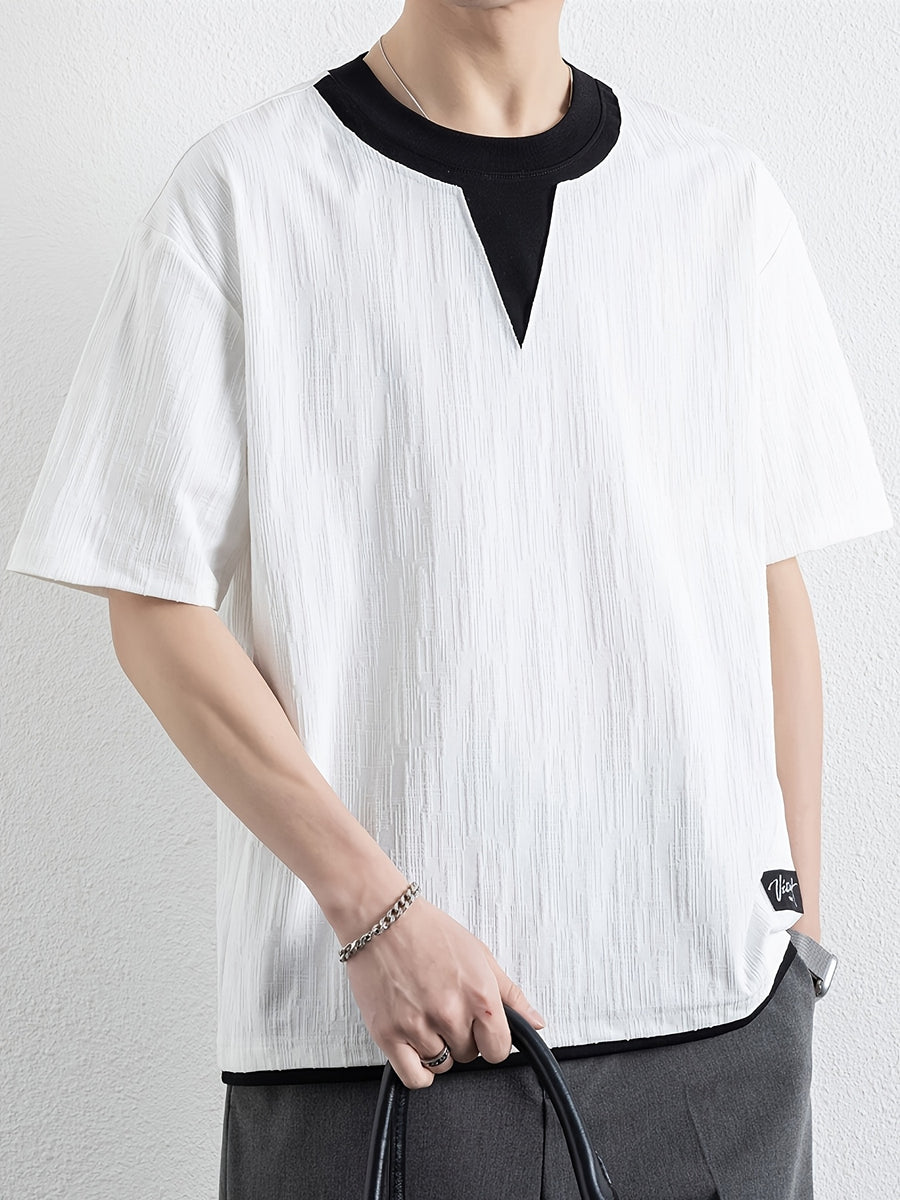 American Faux Two-Piece V-Neck Short Sleeve T-Shirt for Men, Spring Summer All-Match Trendy Couple Wear Loose Casual Short Sleeve Inner Layer, Casual Round Neck with Appropriate Neckline for Inner And Outer Wear - White