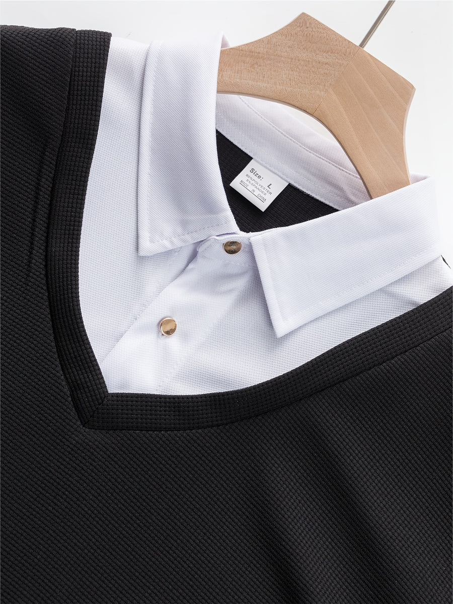 New Men's Textured Waffle Knit Outdoor Casual Fashion Street Sport Shirt, Comfortable, Breathable, and Stylish Men's Apparel - Black