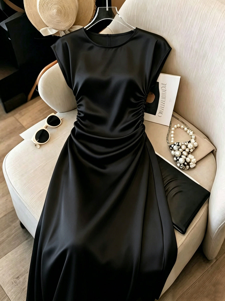 Spring Summer Tie Up Women'S Dress, Women'S White Dress, New Style Waist Women'S Dress, Women'S Elegant Dress, Women'S Satin Glossy Dress, Women'S Holiday Dress, Women'S Casual Outdoor Dress Women'S Elegant Dress - Black