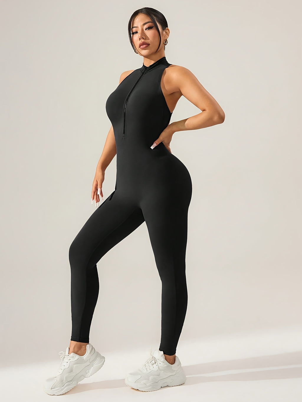 Women's Stylish Sleeveless Front-Zip Bodysuit Sports ShapewearFront Chest Zipper Design to Flatter Your FigureSimple, Stylish and ElegantHigh-end and ClassyIdeal for, Daily Casual Wear, Parties, Vacations and Travel - Black