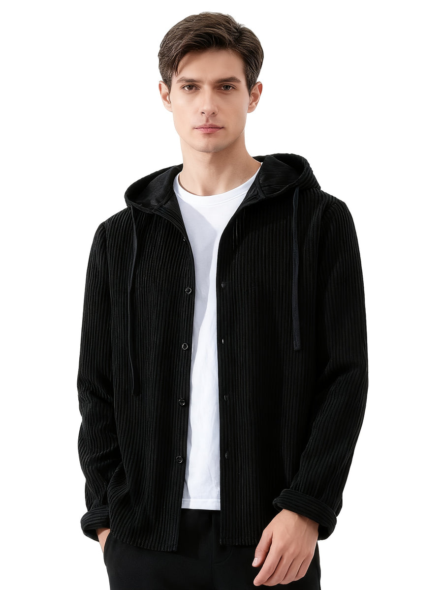 Men's Solid Color Patchwork Spring-Autumn Fashion Long-Sleeved Hooded Shirt Sweater Coat - Black