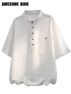 2026 Summer New Linen Short Sleeve Shirt Men'S Semi-High Neck Stand Collar Trendy Slight Loose Handsome Breathable Short Shirt - White