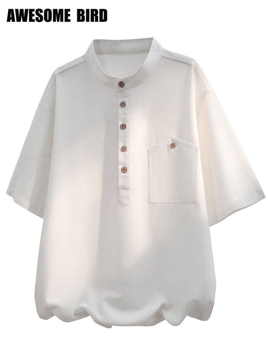 2026 Summer New Linen Short Sleeve Shirt Men'S Semi-High Neck Stand Collar Trendy Slight Loose Handsome Breathable Short Shirt - White