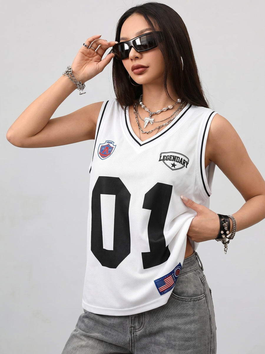 Women's Spring/Summer Street Style Breathable Mesh Digital Print Basketball Tank Top - White