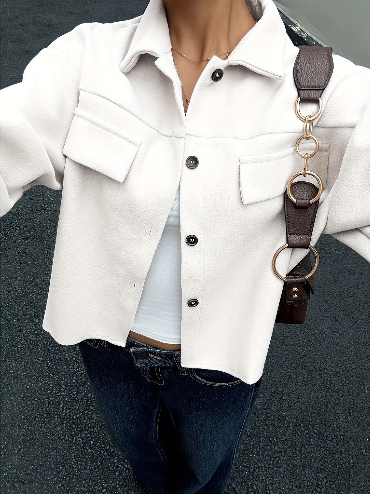 YY0904149 Women'S Lapel Short Jacket, Casual Utility Style Top, Jacket, Shirt Jacket, Spring/Autumn Style - Apricot