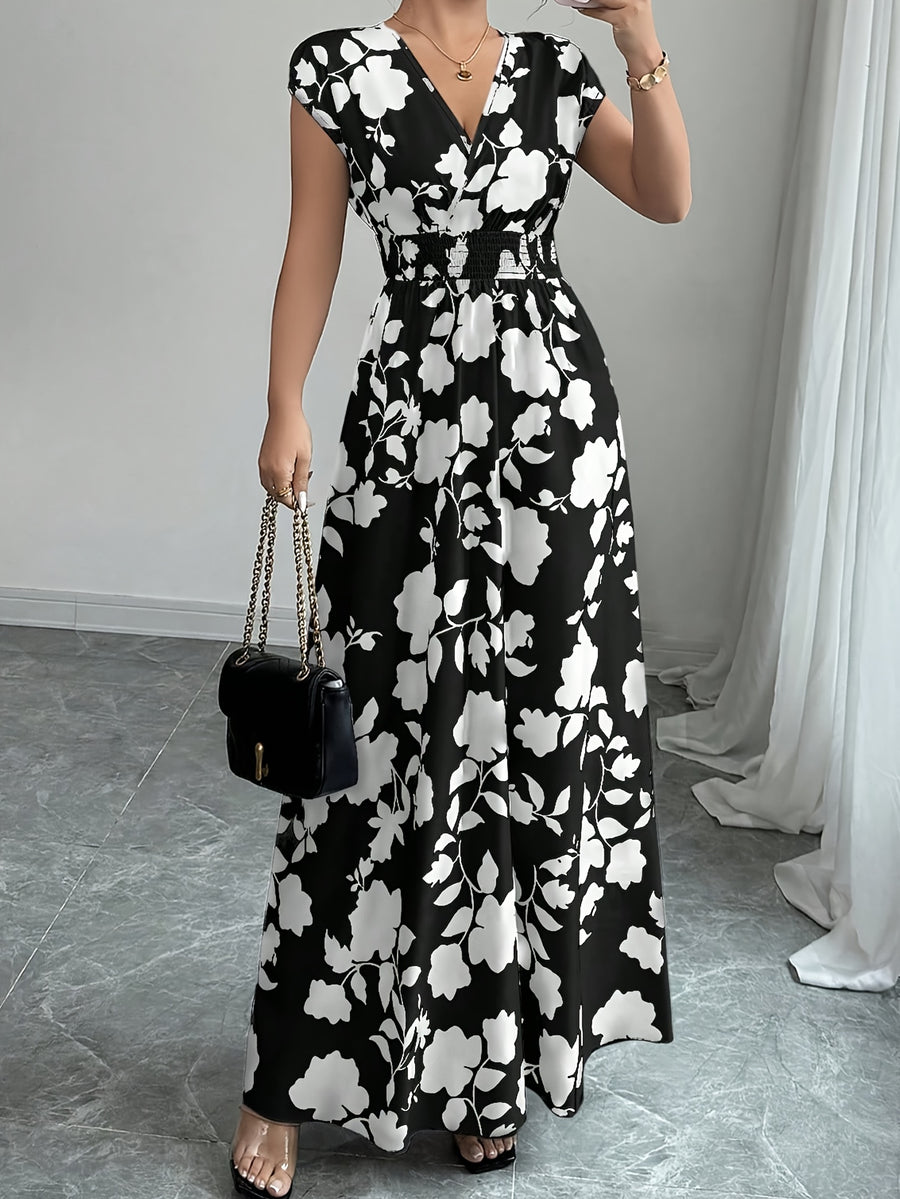 Elegant Pink Floral Maxi Dress with V-Neck and Short Sleeves - Flowing A-Line Silhouette, Cinched Waist, Perfect for Spring/Fall, Casual to Formal Wear, Casual Elegant Wear | Floral Print Dress | Cinched Waist Design - White Flower On Black Background