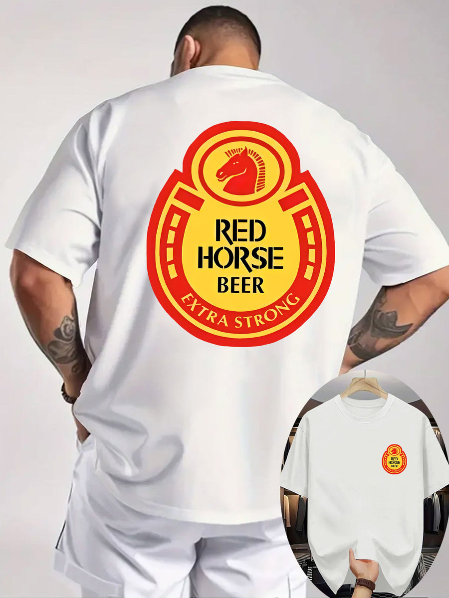 New Summer Men'S Casual T-Shirt with Ribbed Round Neck And Short Sleeves, Made from Knitted Fabric, Refreshing And Comfortable, Featuring Double-Sided Printing with a Red Horse Beer Design, Perfect for Outdoor Activities - White