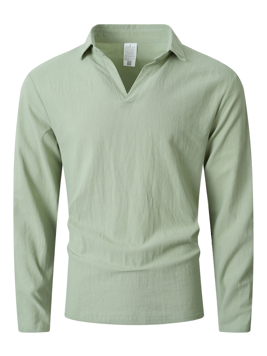 2026 Spring Autumn Men'S Casual Solid Color Lapel V-Neck Long Sleeve Men'S Western Casual All-Match Long Sleeve Top - Yellow-green