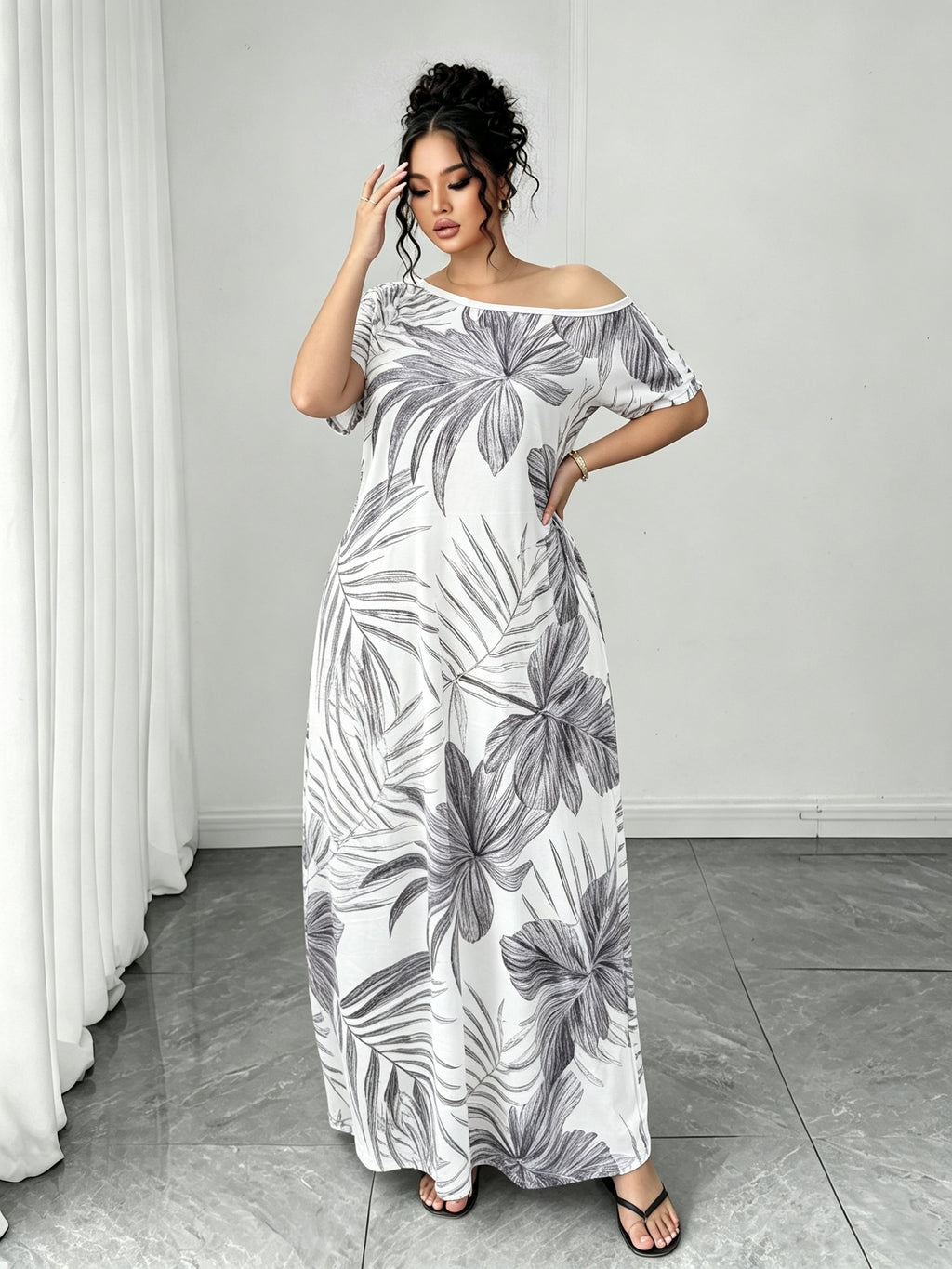 Women'S Plus Size Nightgown, Wearable Off-Shoulder Home Dress Long Dress, Beach Vacation Style, Summer Women'S Dress - White