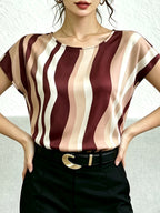 Women'S Casual Easy Fashion Printed Short Sleeve Vacation Top - Burgundy