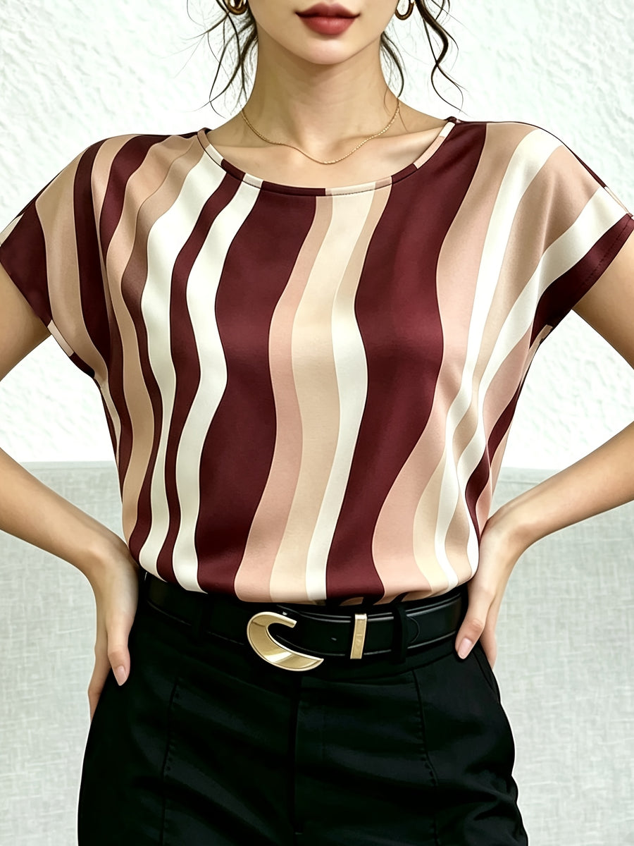 Women'S Casual Easy Fashion Printed Short Sleeve Vacation Top - Burgundy