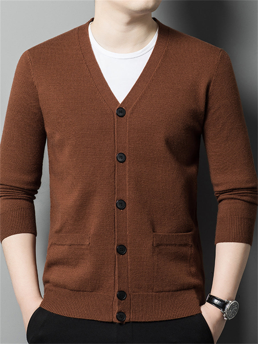 Autumn Winter Knit 3D Solid Color V-Neck Sweater, Basic Knit Cardigan for Men, Fashionable Long Sleeve Sweater, Cangyuan Y - Coffee Brown