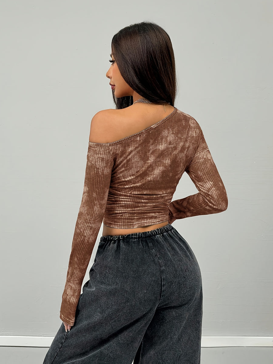 Women'S Top, Casual Wear Stretchy Comfortable Asymmetrical Neck Long Sleeve Blouse - Khaki