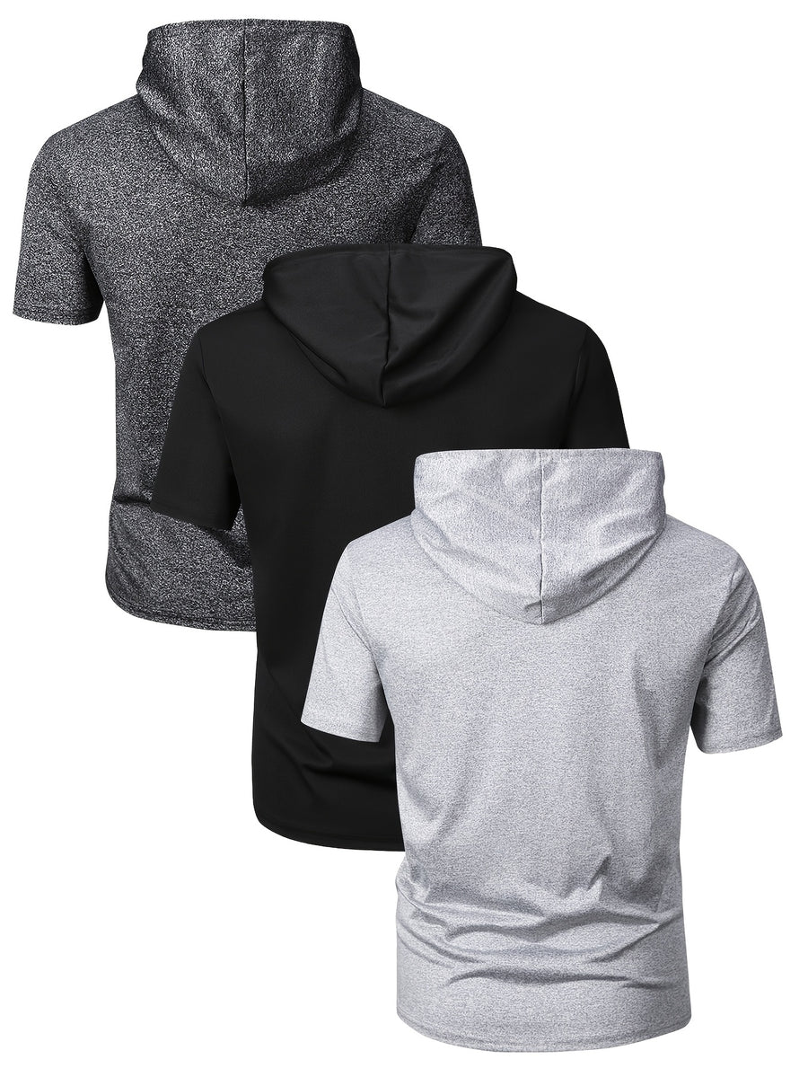 3pcs Summer Men's Stretchy Breathable Short-Sleeve Hooded T-Shirt with Kangaroo Pocket, Fashionable, , Versatile Casual Sportswear Top for Outdoor Fitness and Jogging - Mixed colors