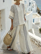 Women'S Spring Summer Loose Short Sleeve Top And Long Pants Set, Ladies Casual Striped Round Neck 2pcs Outfit - Wilderness Orienteering - Mixed colors