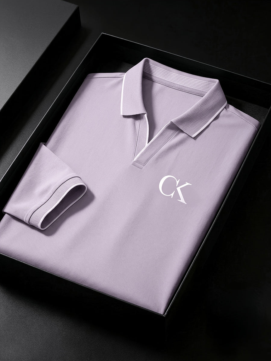 Quick-Dry V-Neck Men'S Golf Polo with Contrast Cuffs, Classic Logo Print, Luxury Contrast Collar, Anti-Pilling Breathable Fabric, Ideal for Sports, Business Casual, Commuting, Golf, And Business Settings - Violet