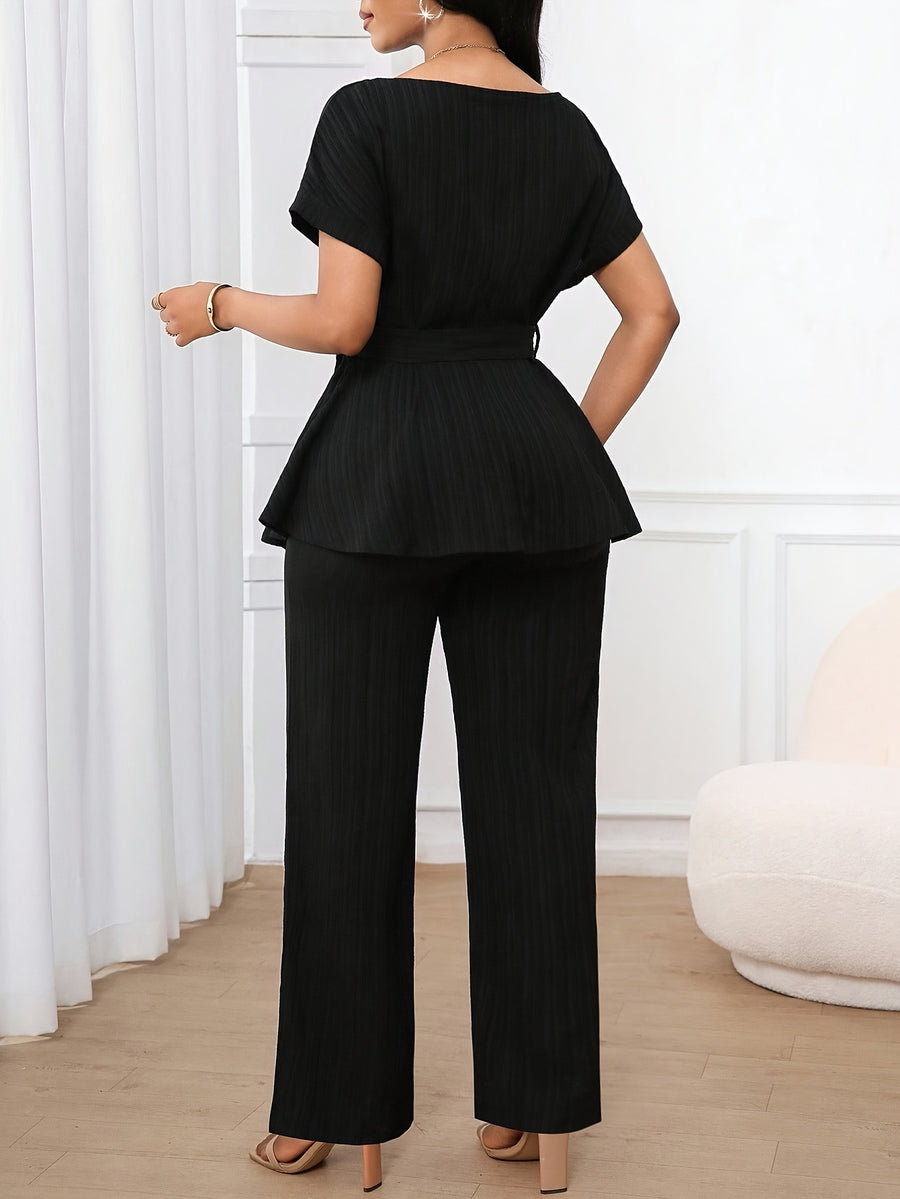 Women'S 2pcs Set, 1pc Short Sleeve Top And 1pc Loose Straight Pants Suitable for Spring Summer Wear - Black