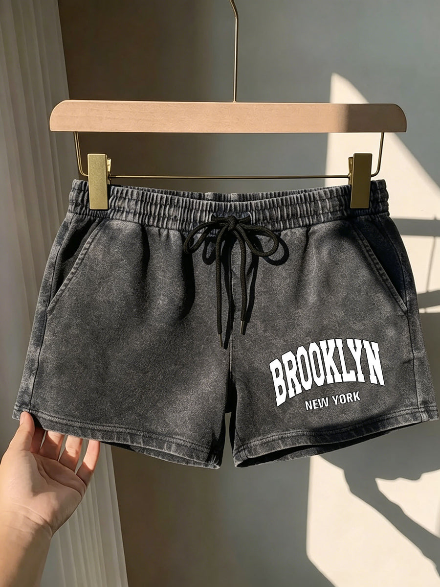 Summer Trendy Fashion Women'S Distressed Washed Shorts "BROOKLYN NEW YORK" Printed American Retro Preppy Style Comfortable for Hot Weather, with Adjustable Drawstring Waist And Pockets, Classic Silhouette, Comfortable Fit, Machine Washable Shorts - Black
