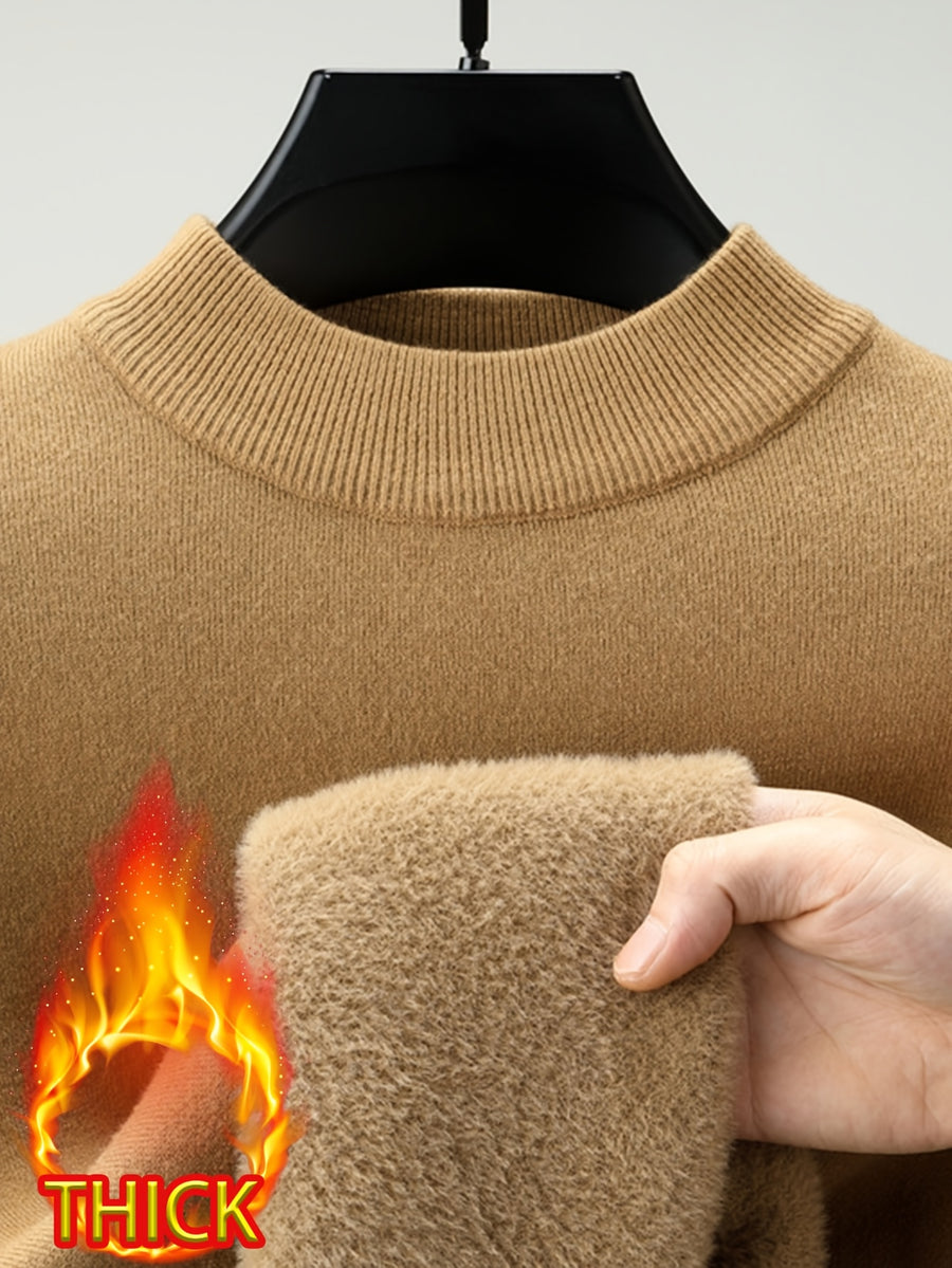 Men's Half-Turtleneck -Lined Thickened Warm Sweater, Featuring a Classic Half-turtleneck Design That Fits Snugly Around the Neck for Wind Protection and Warmth. Solid Color, Simple and Versatile, Suitable for Both Commuting and Daily Wear - Samoduo