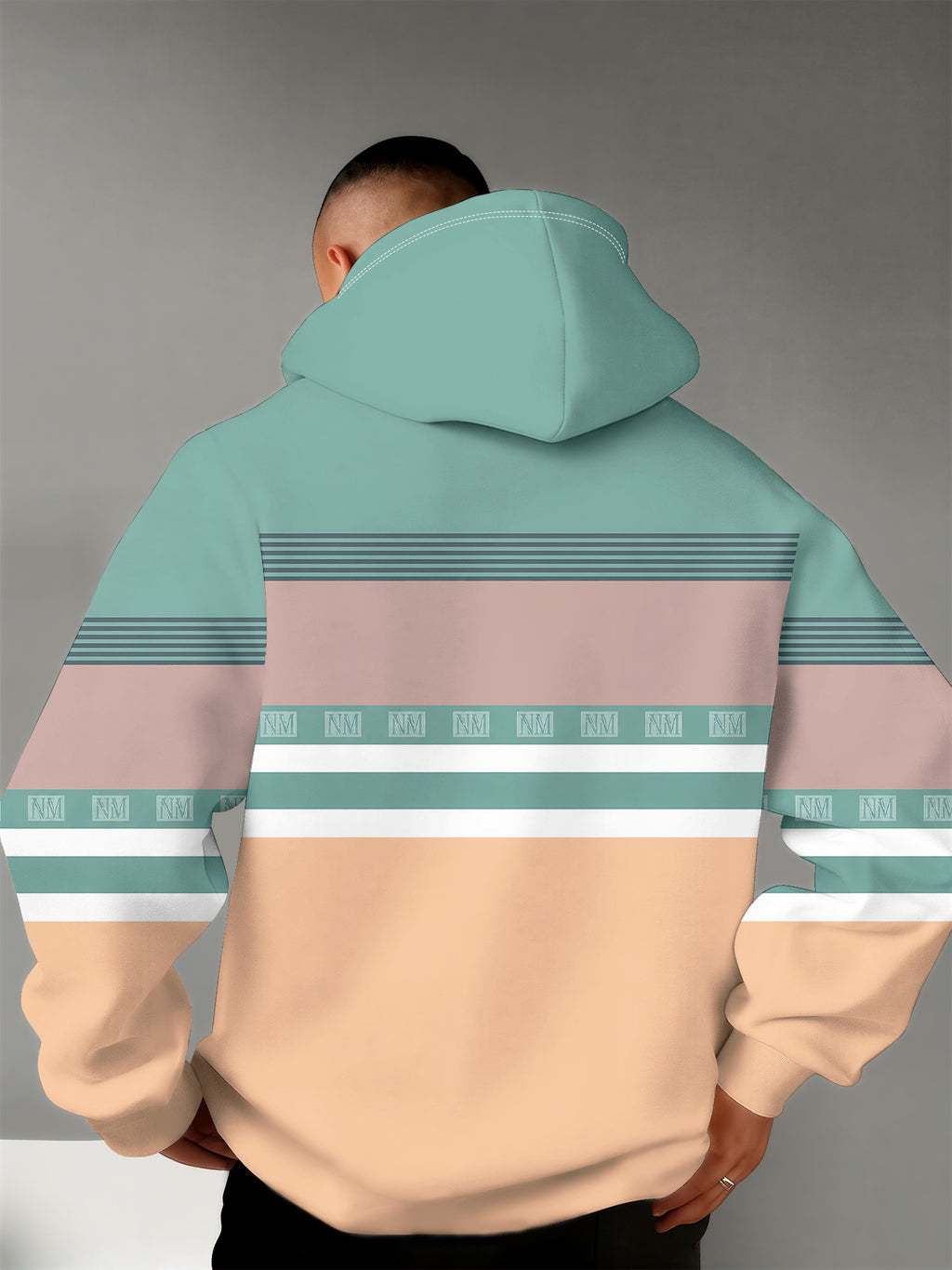 4 Styles, Men's Long Sleeve Casual Hoodies with Fresh Mountain Pattern with Contrasting Horizontal Stripes Prints, Trendy Printed Hooded Jackets, Sporty and Fashionable Style, Spring and Autumn Tops for Daily Casual Outfits. - Light Green