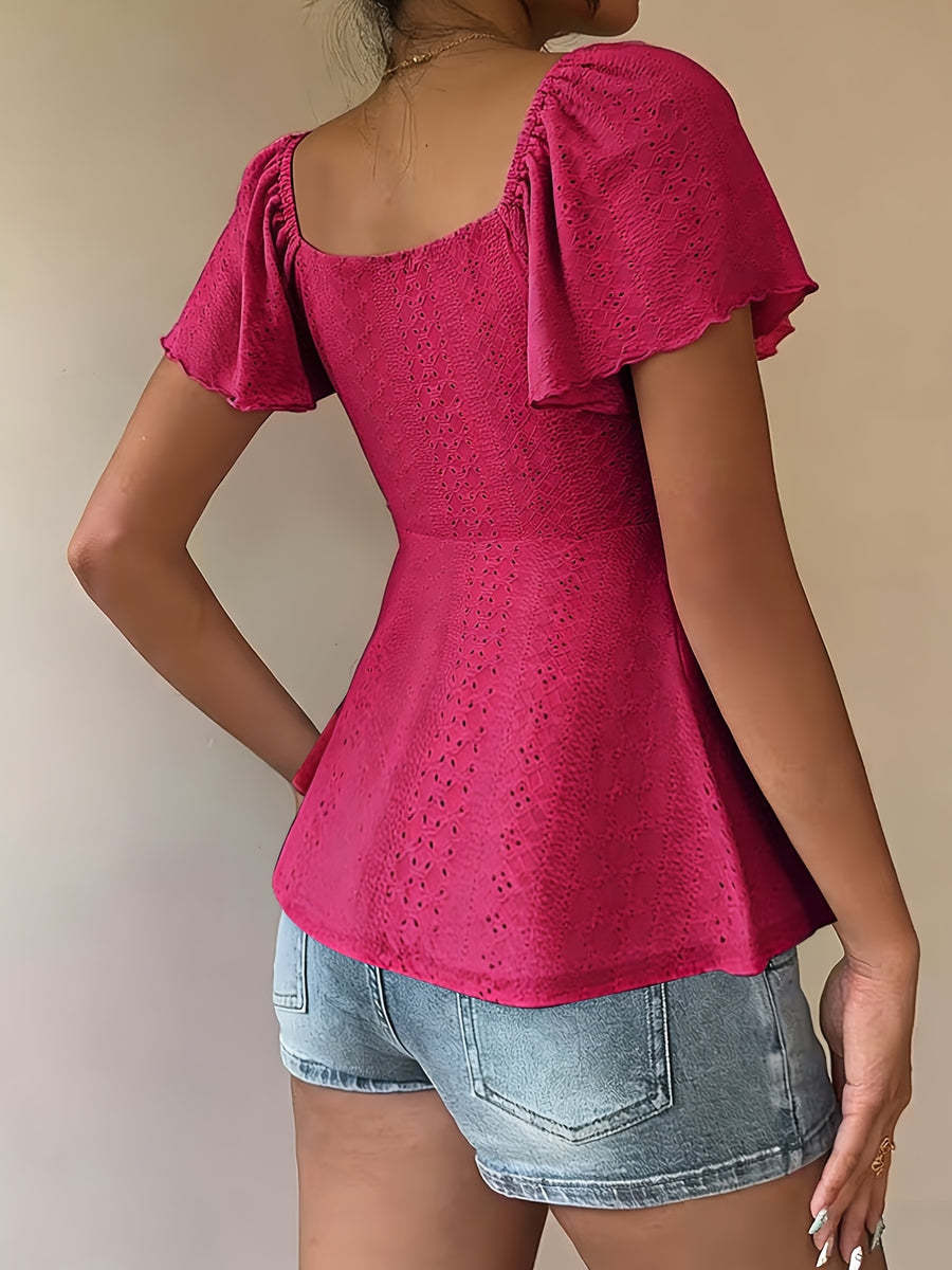 Fashionable and Elegant Spring/Summer New Arrival Y2K Solid Color Jacquard Comfortable and Breathable V-Neck Drawstring Short Sleeve Top Women's T-Shirt - Rose Red