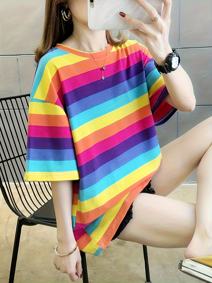 Women's Plus Size Loose Fit Cartoon Print T-Shirt - Pastel Color Block Short Sleeve Round Neck Top, Breathable Medium Stretch Fabric, Long Length Casual Summer Spring Fall Machine Washable, Ladies T Shirts, Trendy Streetwear, Relaxed Fit Tee - Rose Red
