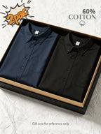 1+1 2pcs Classic Men's Oxford Plain Color Shirt, Long Sleeve Spring/Autumn Pocket Lapel Shirt for Casual Daily Outings - Navy Blue+Black