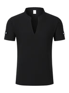 Men's Solid Color V-Neck Short Sleeve T-Shirt, Summer Casual Breathable Solid Color Top, Simple Fashionable Trendy Men's Clothing - Black