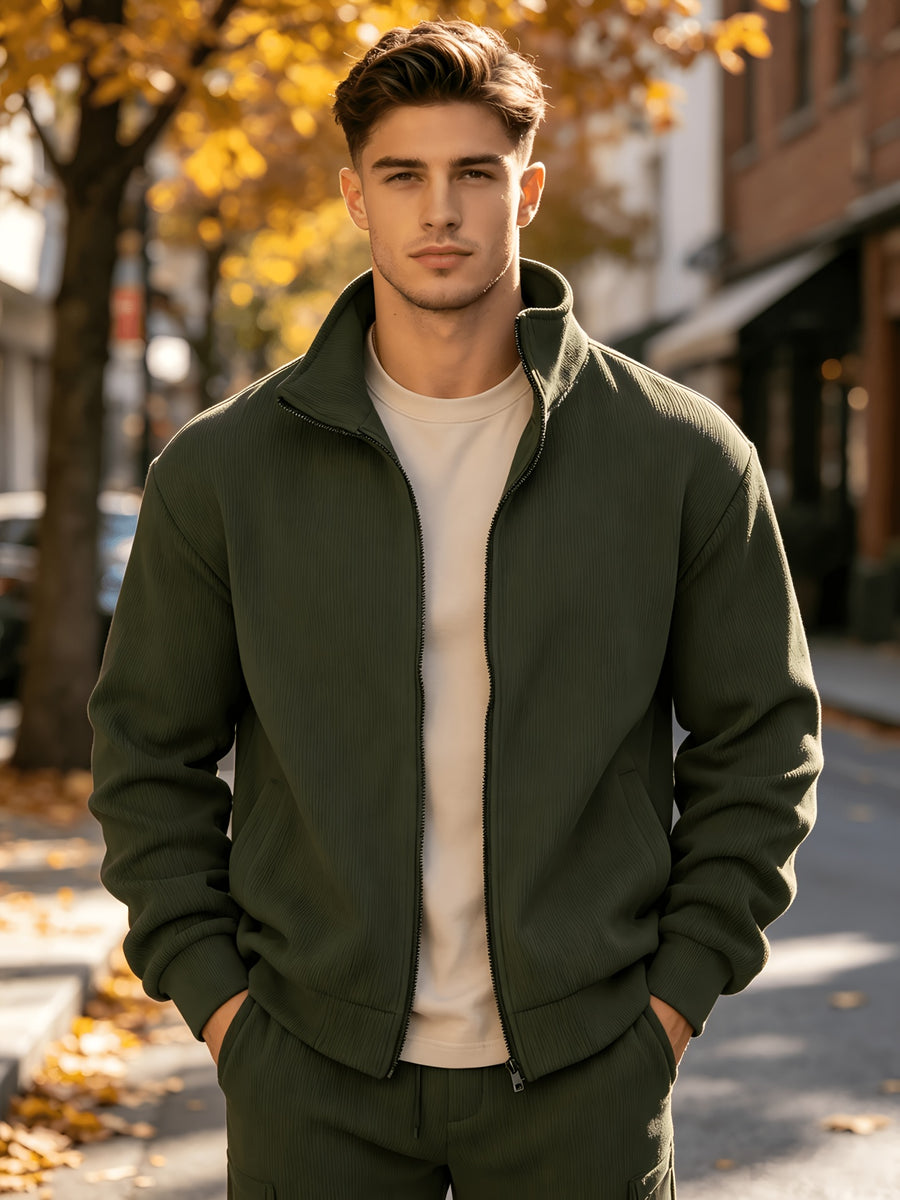 Men's Corduroy Full-Zip Stand Collar Jacket, Soft Vertical Rib Texture Corduroy Casual Full-Zip Outerwear, Ribbed Cuffs and Hem, Side Insert Pockets, Loose Fit Cut, Lightweight and Warm Jacket, Suitable for Autumn/Winter Daily Wear, Street Outings - Military Green