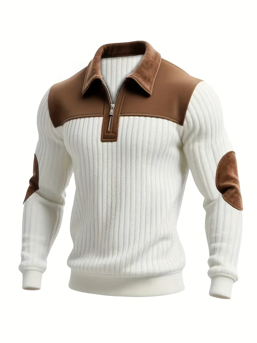 Men's Color-Block Design Casual Stand Collar Pullover - Ribbed Color-Block Patchwork, Thick and Warm Pullover, Stand Collar with Zipper Design, Suitable for Daily Casual Fashion, Simple and Versatile for Outings and Commuting, Long-Sleeve Pullover - White