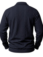 1pc Men's Striped Jacquard Long-Sleeve Polo Shirt, Autumn/Winter Textured Vintage Style Outdoor Casual Henley Top - Navy Color