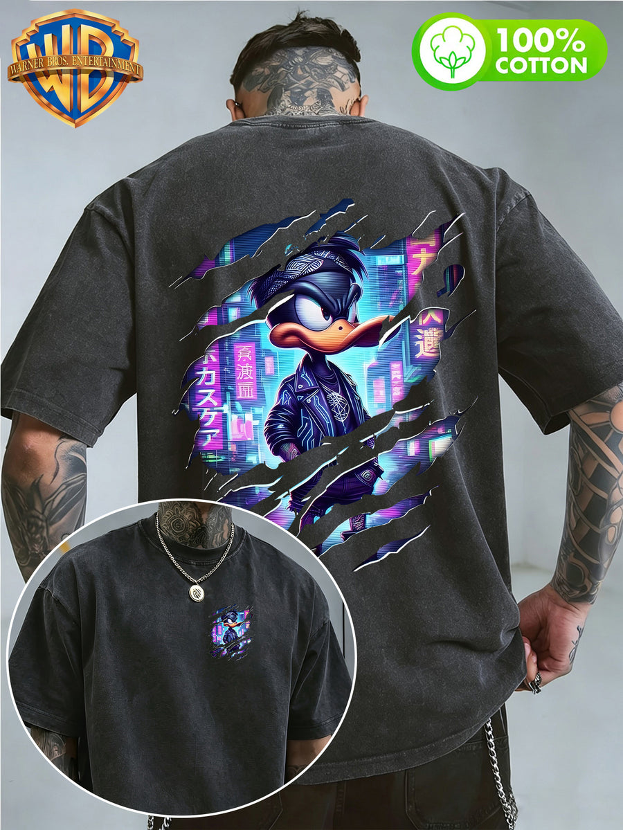Warner Bros Official, 1pc, 100% Cotton Washed Vintage Distressed Short-Sleeve T-Shirt, American-Style Torn Paper Scratch Cyberpunk Cool Duck Streetwear Trend Top, Double-Sided Front and Back Print, Men's Casual Comfortable Versatile Loose Summer - Black