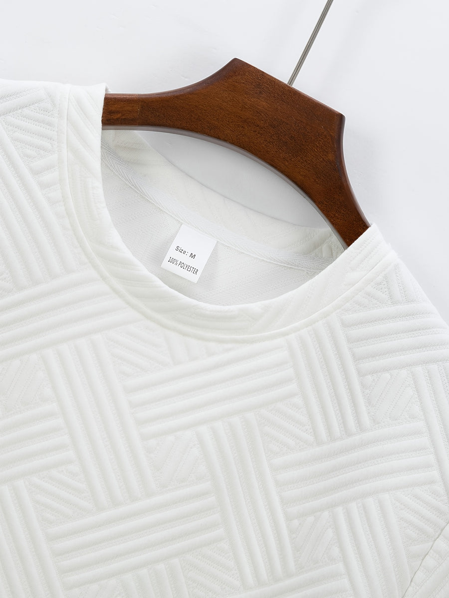 Men's Business Casual Sport Solid Color Crew Neck Jacquard T-Shirt - White