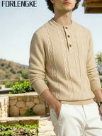 FORLENGKE Autumn/Winter New Arrival Men's American Manor Vintage Style Henley Neck Knit Sweater, Vertical Cable Waffle Knit Patchwork Texture, Regular Shoulder Fitted Cut, Autumn/Winter Manor Vacation Countryside Stroll Coffee Break Daily Streetwear - Flower Yellow
