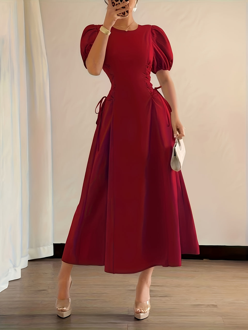 Elegant Daily Casual Solid Color Long Dress with Puff Sleeves, Pleated Detail, and Tie Belt, Suitable for Vacation, Banquets, and Parties, Slim Fit Elegant Dress, Summer Dress - Brick Red