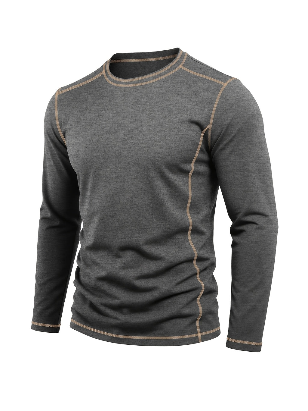 Men's Retro Patchwork T-Shirt - Solid Color Base with Contrast Patch Suitable for Fall/Winter, Round Neck Long Sleeve Casual Layering Top, Machine Washable Blending Shirt for Outdoor & Casual Attire (Regular Fit) - Dark Gray