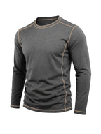 Men's Retro Patchwork T-Shirt - Solid Color Base with Contrast Patch Suitable for Fall/Winter, Round Neck Long Sleeve Casual Layering Top, Machine Washable Blending Shirt for Outdoor & Casual Attire (Regular Fit) - Dark Gray