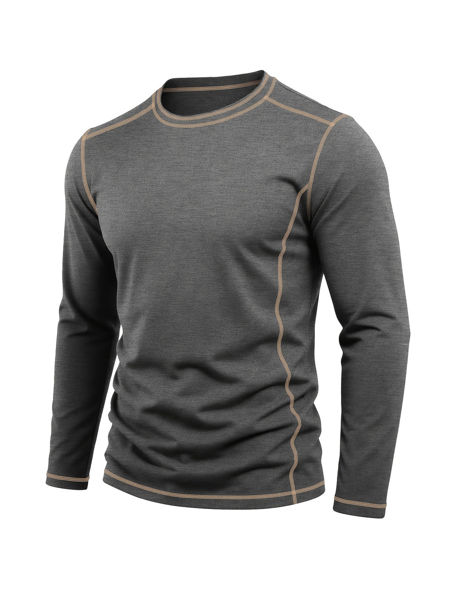 Men's Retro Patchwork T-Shirt - Solid Color Base with Contrast Patch Suitable for Fall/Winter, Round Neck Long Sleeve Casual Layering Top, Machine Washable Blending Shirt for Outdoor & Casual Attire (Regular Fit) - Dark Gray