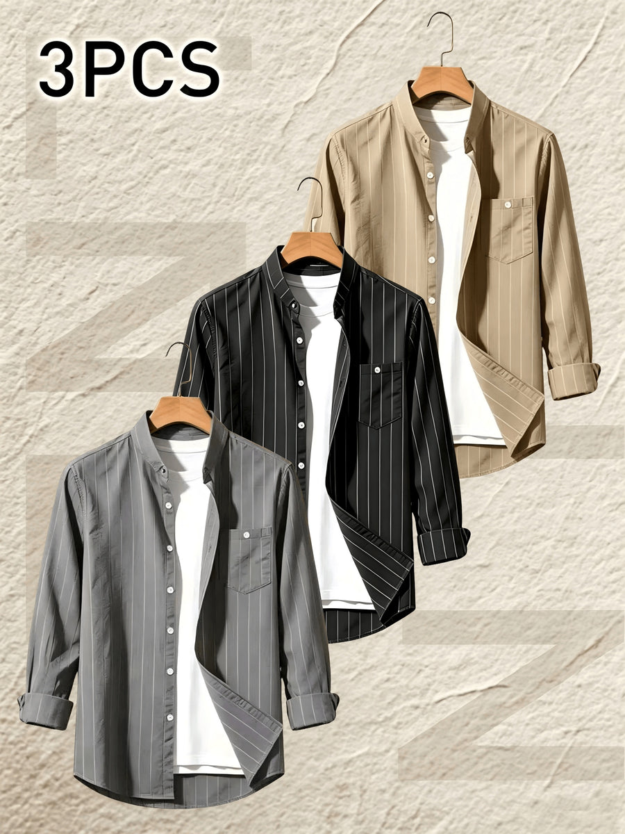 Pearson OBM 3pcs Set Men's Striped Linen Long-Sleeve Shirt; Sporty Casual Lapel Shirt with Pockets; Fashionable, Breathable, and Comfortable Fabric; Top for Beach Vacations and Outdoor Travel - Gray+black+khaki
