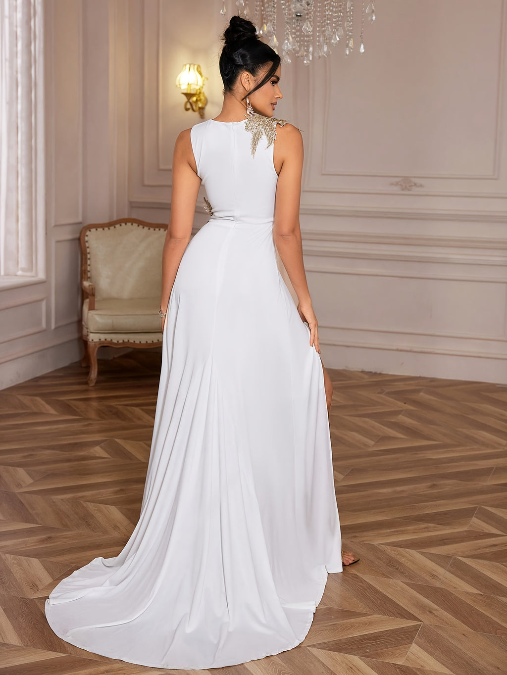Sleeveless Round Neck Dress with Waistline Slit - Ivory White