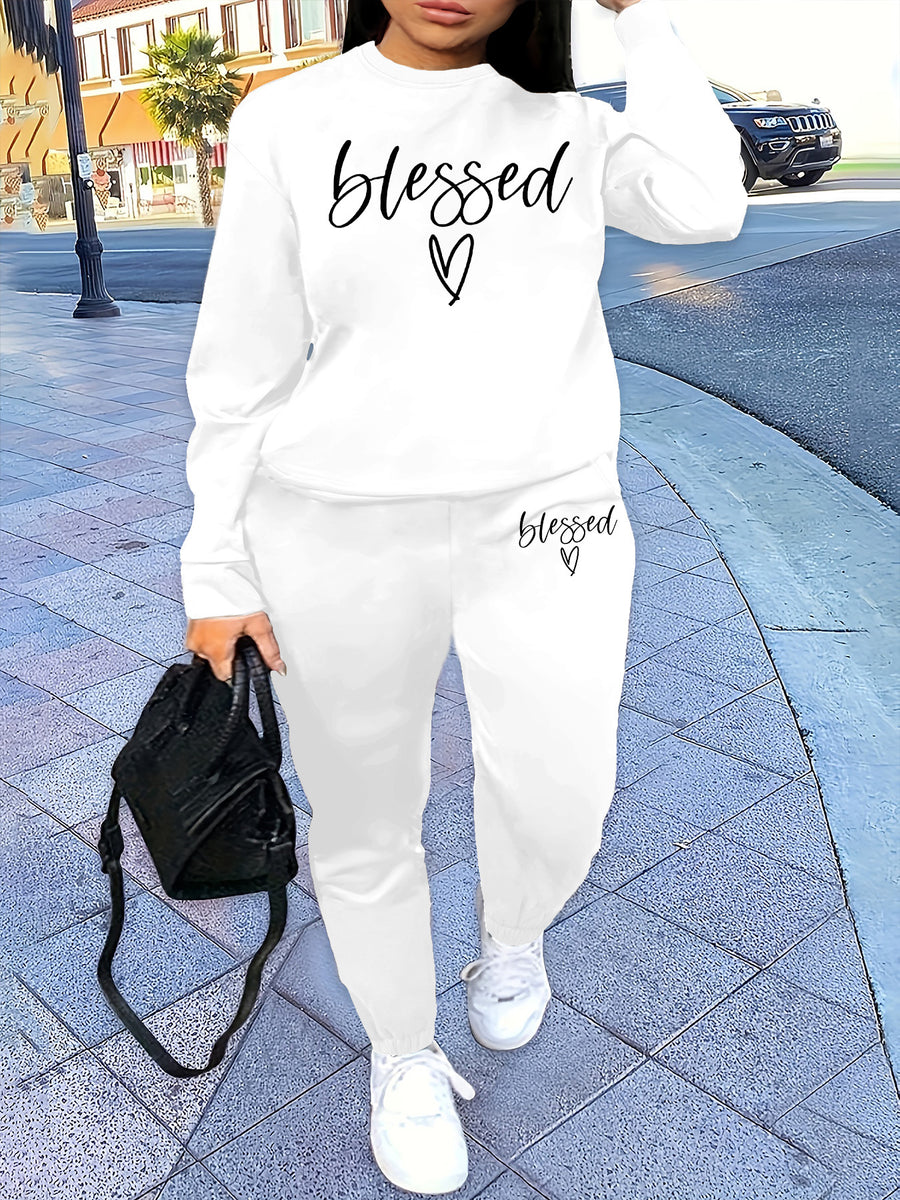 Graphic Print 2pcs Set, Crew Neck Sweatshirt & Pants, Women's Clothing - White