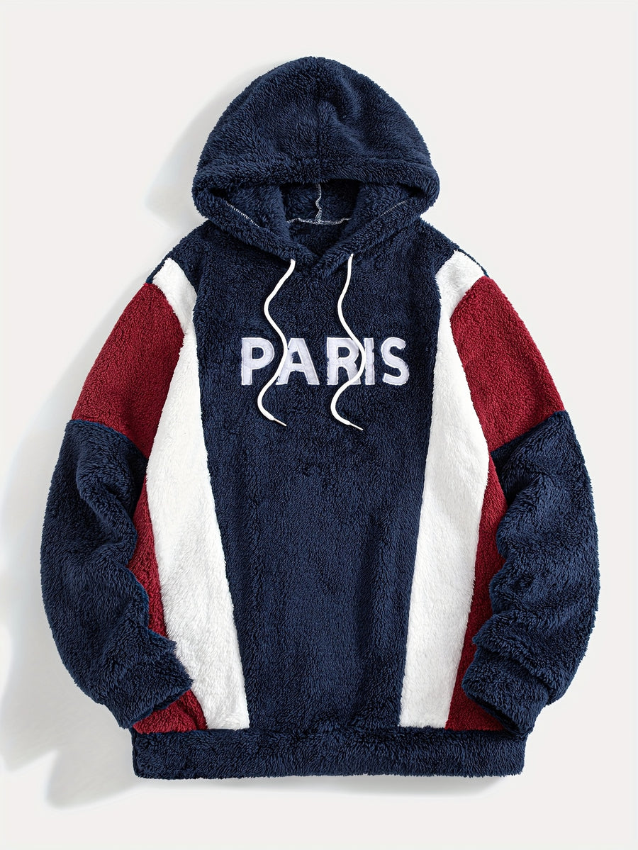 1pc Color-Block Spliced Reversible Plush Hooded Sweatshirt, Letter Embroidered Sweatshirt, Casual Sporty Hoodie, Soft and Comfortable Fabric, Warm and Breathable - Navy Color
