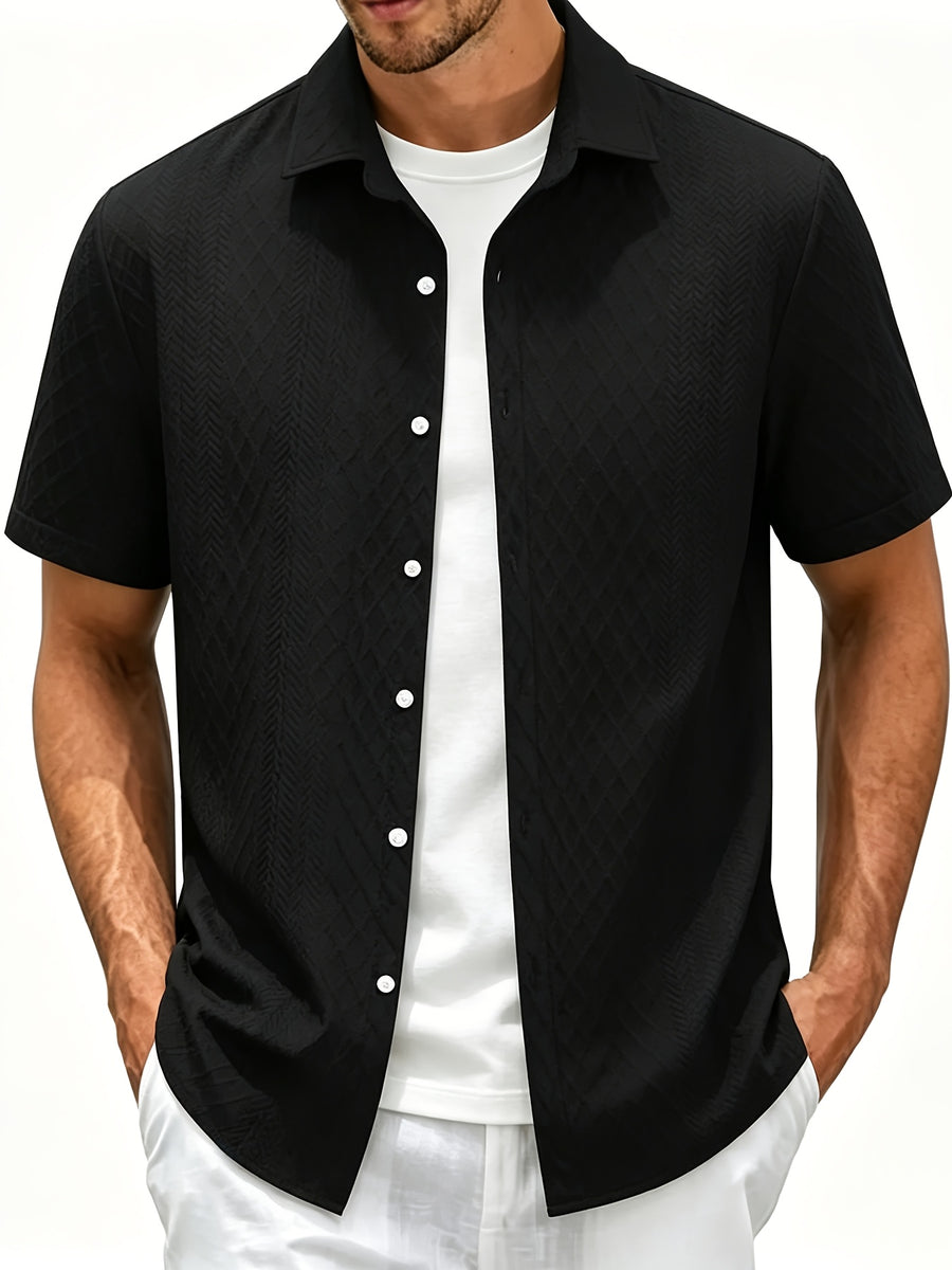 Men's Summer Casual Short-Sleeve Shirt, Jacquard Cardigan, for Daily Commuting, Casual and Relaxed, Loose and Breathable, for Fishing, Basketball, Camping, Beach - Black