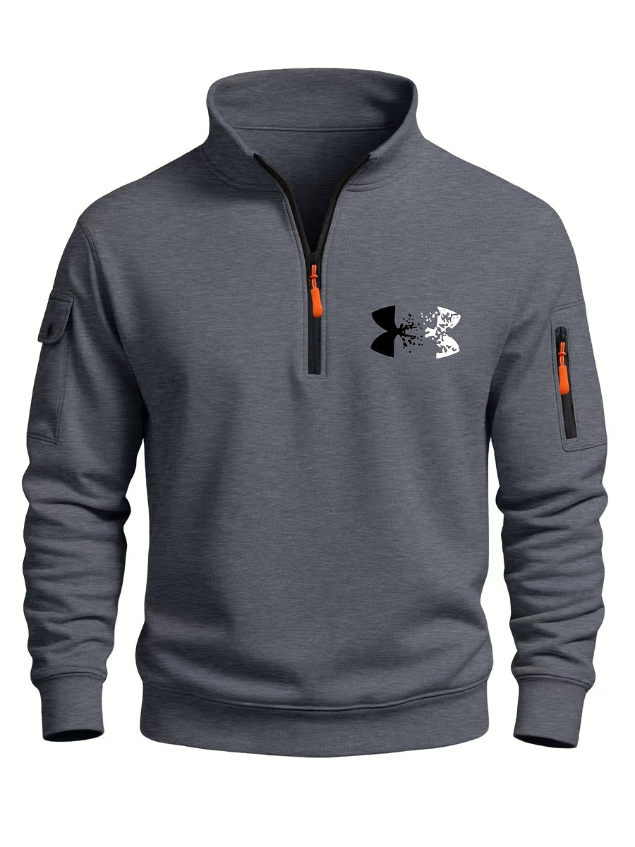 2026 Autumn/Winter New Men's Stand Collar Half-Zip Sweatshirt, Distressed Print, Workwear Style Multi-Pocket Design, Wear-Resistant and Wrinkle-Resistant Fabric, Sleek Cut Without Bulk, Combining Workwear Practicality with Casual Attire Adaptability - Dark Gray 1