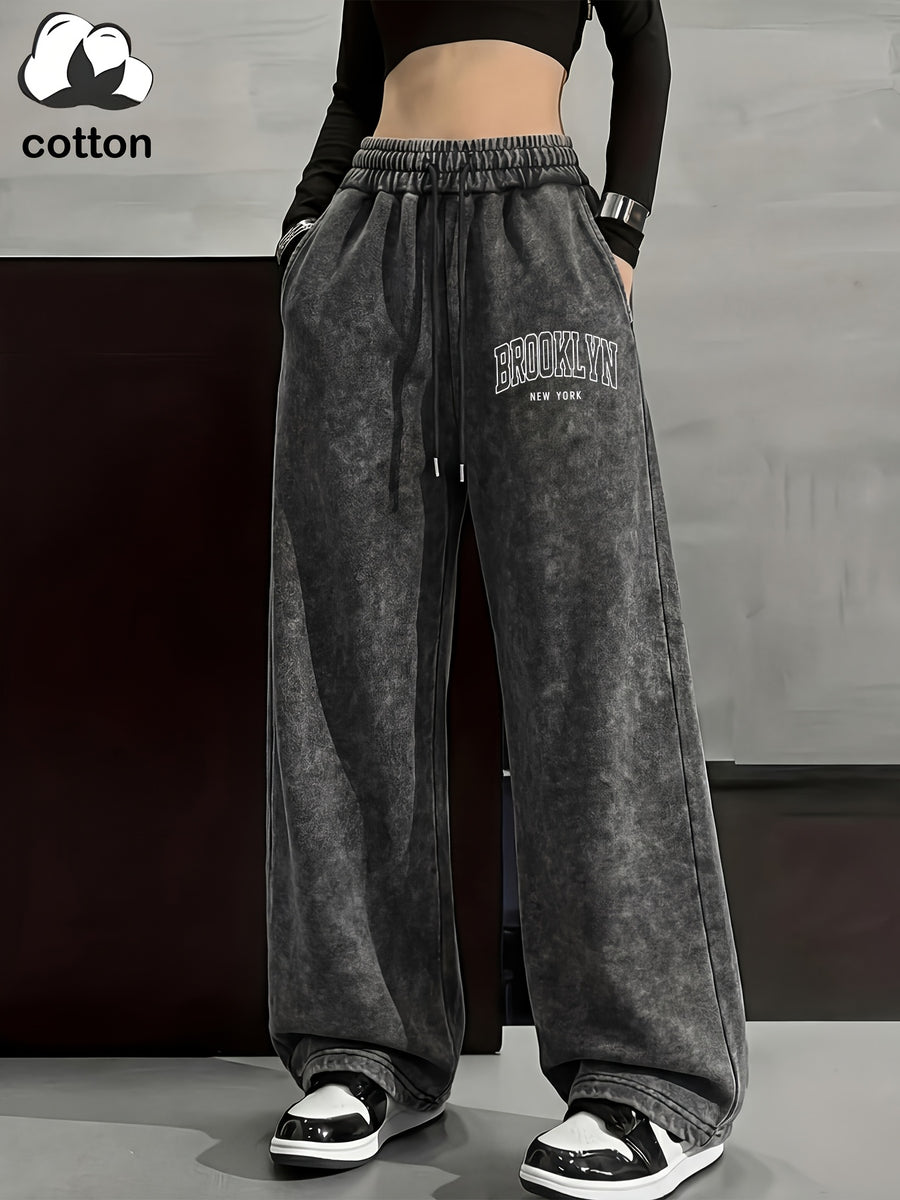 Women's High-Waisted Wide-Leg Pants | Wide-Leg Trousers with "Brooklyn New York" Print | Washed Elastic Drawstring Street Style Pants - Black