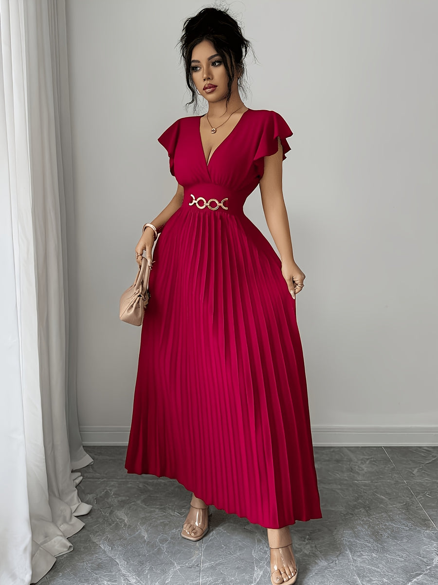Spring And Summer New Elegant Ladies Slim V-Neck Dress with Pleated Craftsmanship, Large Skirt, Ruffled Lotus Leaf Sleeves, Valentine'S Day Party Gathering Elegant Dress, Commuting Fashion Skirt - Red