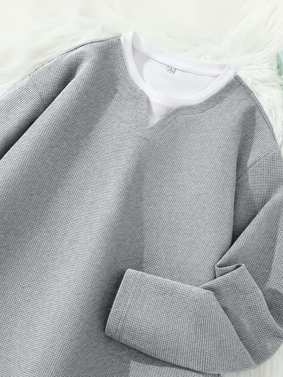 Men'S Long Sleeve T-Shirt Base Layer, New Spring/Autumn Season Faux Two-Piece Design Top, Solid Color Waffle Fabric Textured Pullover, Men'S Fashion Trendy Casual Sports Versatile Knit Sweater - Grey